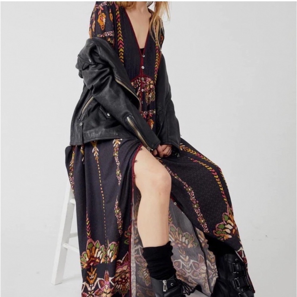 Free People Foley Floral Maxi Dress Button Front Duster Charcoal Grey Small